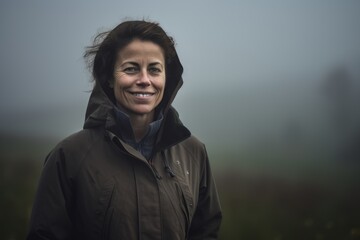 Portrait of a middle-aged woman in a park on a foggy day
