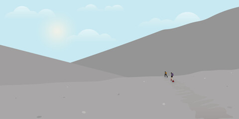 Flat design landscape hiking theme. Travelers with backpack climbing on mountains. Travel concept of discovering, exploring and observing nature.