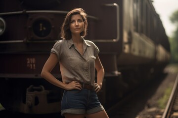 Obraz na płótnie Canvas Environmental portrait photography of a tender woman in her 30s wearing knee-length shorts against a vintage train or railway background. Generative AI
