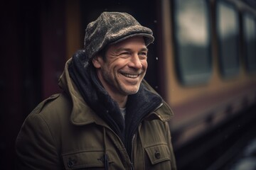 Handsome middle-aged man with hat and coat smiling at the train station