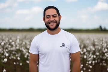 Portrait of a young latin man standing in cotton field.