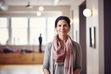 Portrait of smiling woman with scarf standing in art gallery, looking at camera