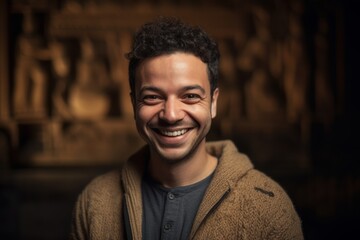 Portrait of a young man smiling at the camera in an ancient temple