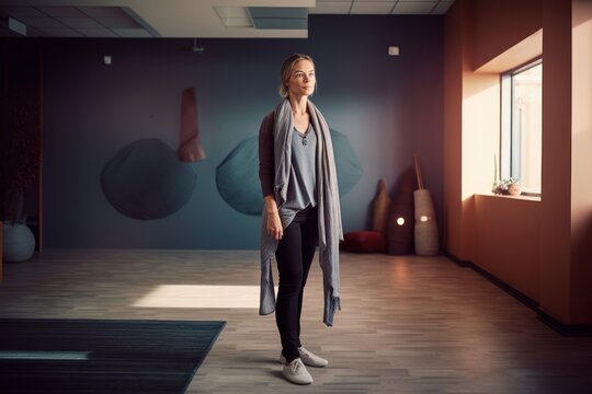 Full-length portrait photography of a satisfied woman in her 30s wearing a charming scarf against a yoga studio or wellness background. Generative AI