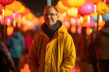 Obraz premium Handsome middle aged man in yellow raincoat and eyeglasses standing in front of colorful paper lanterns during night time.