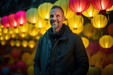Fototapeta premium Handsome middle-aged man in a blue jacket with a beard standing in front of the lanterns.