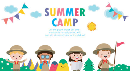 kids summer camp background education Banner Template,group of kids Scouts goes on a long walk in the forest, advertising brochure cartoon poster flyer your text ,Vector Illustration