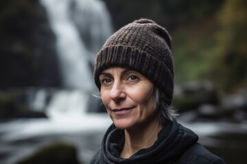 Portrait of a beautiful mature woman in front of a waterfall.