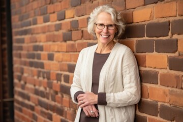 Portrait of smiling senior woman standing with arms crossed against brick wall