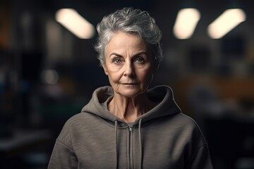Portrait of a senior woman with grey hair wearing a hoodie