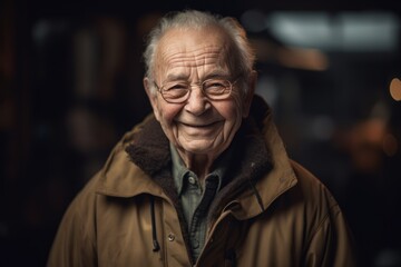 Portrait of an elderly man in a coat and glasses smiling at the camera