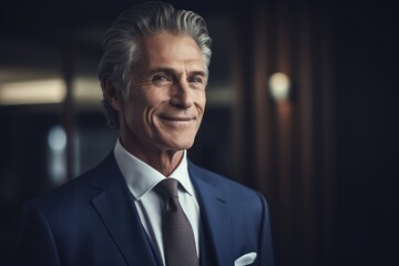 Portrait of handsome mature businessman in suit looking at camera and smiling while standing indoors