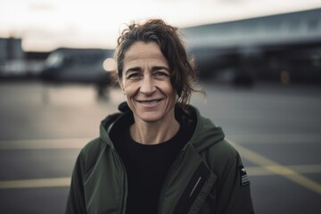 Portrait of a beautiful middle-aged woman with short wavy hair, wearing a green jacket, standing in an airport parking lot.