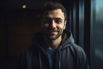 Fototapeta premium Portrait of a handsome young man with a beard in a black sweatshirt