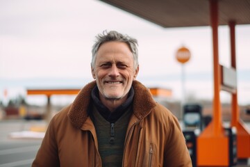 Fototapeta premium Portrait of a smiling senior man standing in a gas station.