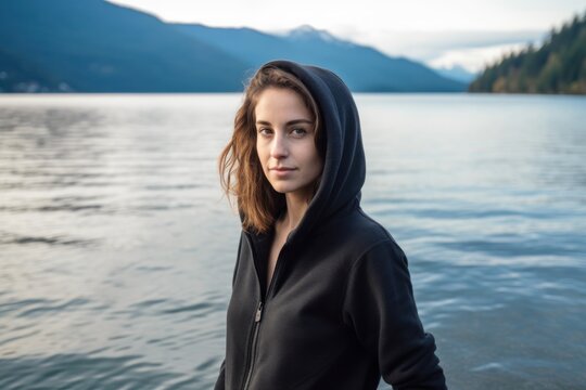 Young beautiful woman in a black hoody on the background of a mountain lake