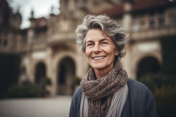 Portrait of a happy senior woman in front of the castle in Prague