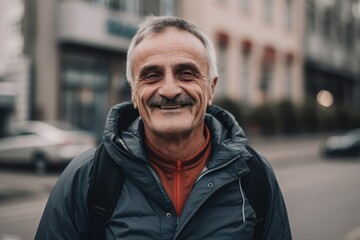 Portrait of a smiling senior man standing in the city street.