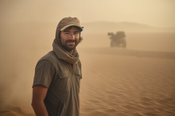 Handsome bearded man standing in the middle of the desert and looking at camera