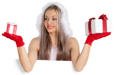 Santa's Helper with Gifts from Behind Invisible Wall - Isolated