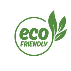 Eco friendly. Healthy natural product label logo design. Circle badge with plant leave decorating. Vector stamp.