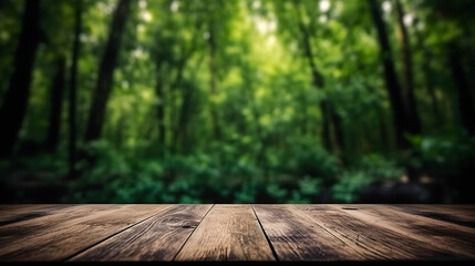 wooden table in forest - obrazy, fototapety, plakaty