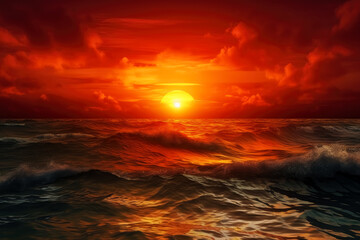 A red sun setting with the ocean in the background, in the style of photorealistic fantasies, astronomy, seascapes wallpaper, heatwave. Generative Ai. 

