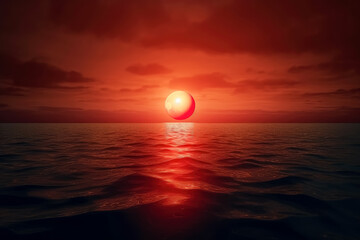 A red sun setting with the ocean in the background, in the style of photorealistic fantasies, astronomy, seascapes wallpaper, heatwave. Generative Ai. 


