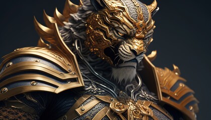 golden tiger warrior, digital art illustration, Generative AI