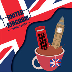 United kingdom travel postcard with tea cup and british landmark Vector