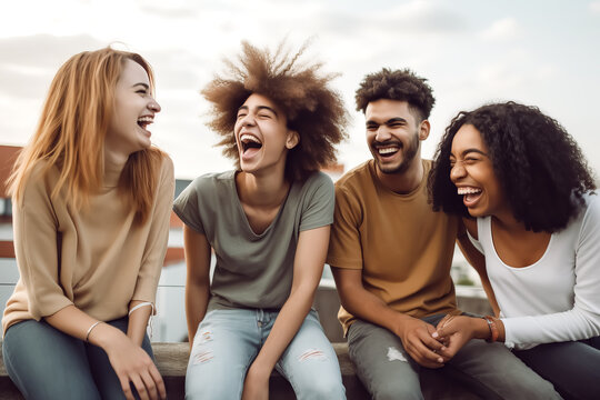 GROUP OF FRIENDS LAUGHING. AI ILLUSTRATION. COLOR. HORIZONTAL.