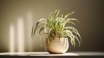 Spider Plant pot indoors with natural sunlight. Generative AI.