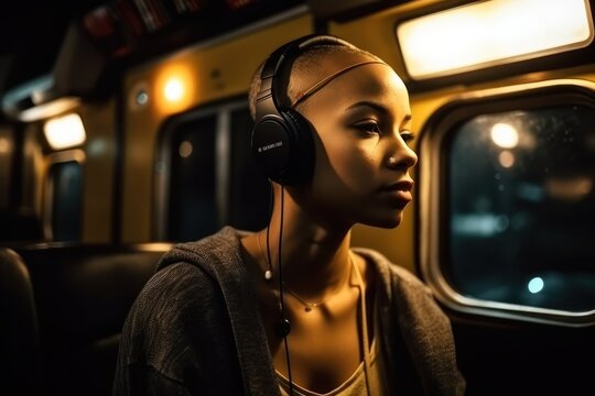 City Life: Black Woman Enjoying Music In The Metro, Generative Ai