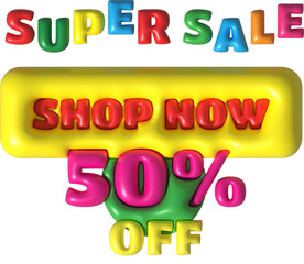 Sale banner design,Shopping deal offer discount,Super sale shop now 50 percentage off.3d illustration