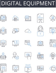 Digital equipment line icons collection. Electronic devices, Cyber gadgets, Virtual instruments, Technological machines, Computational tools, Online hardware, Web technology vector and linear