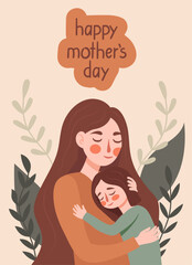 Mom hugs her daughter.Hand-drawn vector illustration for Mother's Day
