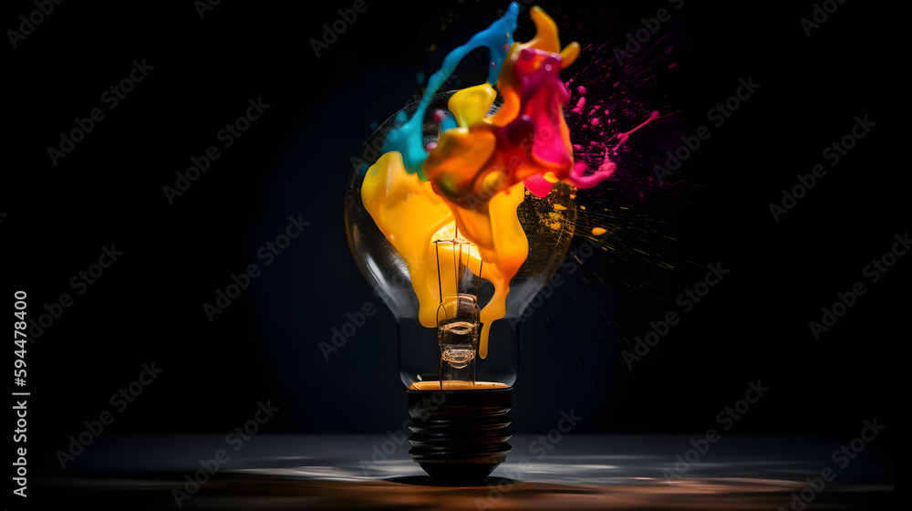Poster creative light bulb explodes with colorful paint splashes and shards of glass on a black background.