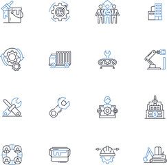 Industrial complex line icons collection. Production, Manufacturing, Assembly, Fabrication, Construction, Machining, Engineering vector and linear illustration. Robotics,Automation,Labor outline signs
