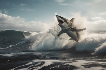 A white shark jumps out of the water in a breathtaking moment, leaving a trail of splashes behind. Witness the power of nature in action. AI Generative.