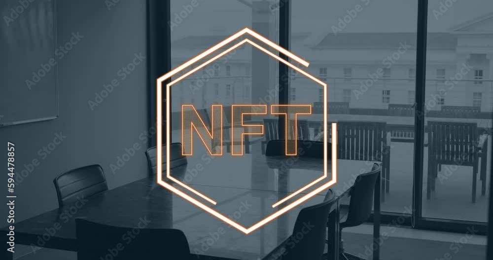 Poster animation of nft text and data processing over office
