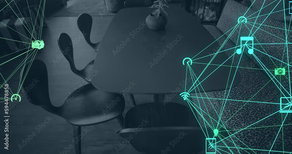 Poster animation of globes with connections and data processing over office