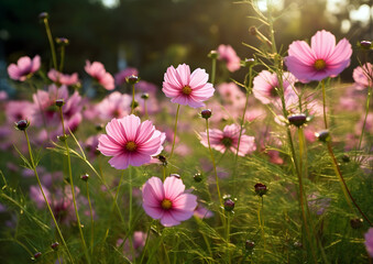A field of cosmos flowers bathed in the warm glow of the morning sun, showcasing delicate petals in shades of pink and white against a dappled backdrop