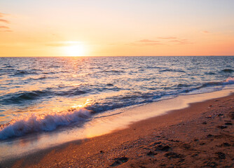 landscape viewpoint vertical  summer sea wind wave cool holiday calm coastal sunset sky light orange golden evening day look calm Nature tropical Beautiful sea water travel Bangsaen Beach thailand 