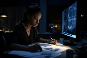a beautiful African-American woman working on a computer at night