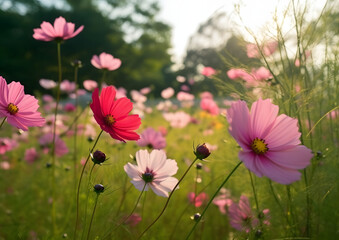 Obraz na płótnie Canvas A field of cosmos flowers bathed in the warm glow of the morning sun, showcasing delicate petals in shades of pink and white against a dappled backdrop