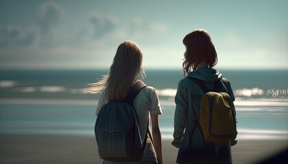 Fototapeta premium two female friends standing near the sea, digital art illustration, Generative AI