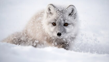 Fototapeta premium Baby Arctic fox (Vulpes lagopus) in snow habitat, polar region ai, ai generative, illustration