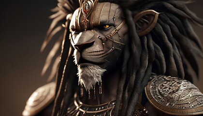 tribal lion warrior, digital art illustration, Generative AI