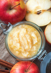 Fresh homemade applesauce with apples. Top view