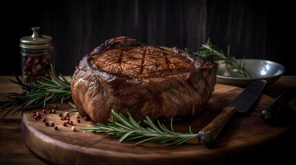 A mouthwatering piece of steak with a perfect sear on the outside and pink on the inside, cooked to medium-rare perfection